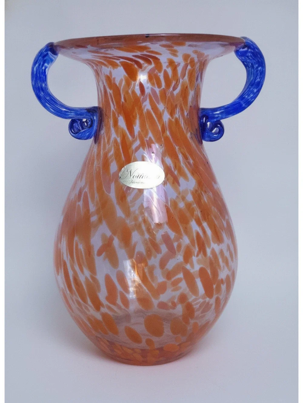 Vintage Nouveau Orange Spatter Art Glass Vase with Applied Cobalt Blue Handles